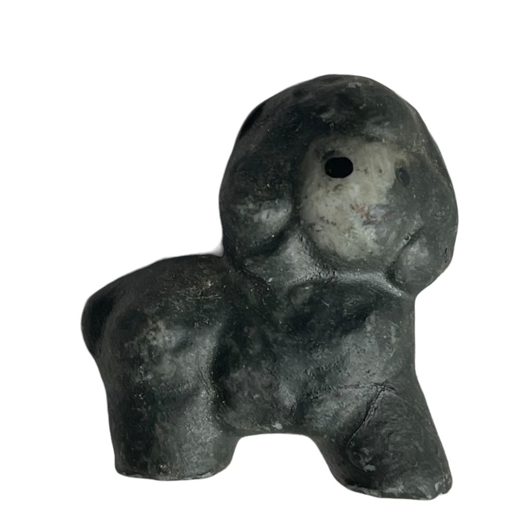 Vintage Miniature Poodle Dog Figurine Primitive Stone Ceramic Small Black Gray‎